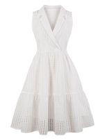 Vintage Kleider mit Plaidmuster 50er jahre mode Weiß Polyester Rockabilly kleid ärmellos Kleider und Notch Ausschnitt für Sommer Damenmode