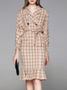 Vintage Kleider mit Plaidmuster Champagner und Knöpfen Rockabilly kleid Polyester Langarm und Umlegekragen und schichtigem Design knielang