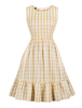 Vintage Kleider mit Plaidmuster Hellgolden und Rüschen Rockabilly kleid Polyester ärmellos und Rundkragen knielang