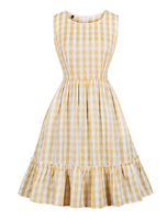 Vintage Kleider mit Plaidmuster Hellgolden und Rüschen Rockabilly kleid Polyester ärmellos und Rundkragen knielang