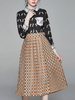 Vintage Kleider mit Plaidmuster Schwarz und Falten Rockabilly kleid Polyester Kleider Langarm und Umlegekragen und schichtigem Design lang