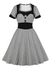 Vintage Kleider mit Plaidmuster Schwarz und Knöpfen Rockabilly kleid Baumwolle Kleider Kurzarm viereckiger Ausschnitt knielang