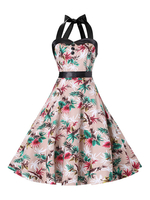 Vintage Kleider mit Plattem Muster 50er jahre mode Khakifarbe und Schnüren Rockabilly kleid Polyester Kleider ärmellos und Halter