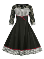 Vintage Kleider mit Plattem Muster 50er jahre mode Rot und Knöpfen Rockabilly kleid Polyester Kleider 3/4 Ärmel und Rundkragen und Falten mittellang