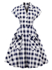 Vintage Kleider mit Plattem Muster 50er jahre mode Weiß und Taschen Rockabilly kleid gemischten Baumwollen Kleider Kurzarm V-Ausschnitt