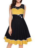 Vintage Kleider mit Polka-Tupfen 50er jahre mode Gelb und Spitzen Rockabilly kleid Baumwolle Kleider ärmellos und Rundkragen Damenmode für Sommer