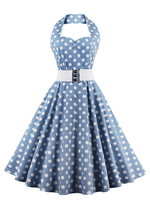Vintage Kleider mit Polka-Tupfen 50er jahre mode Hellschiefergrau und Falten Rockabilly kleid gemischten Baumwollen Kleider ärmellos und Halter