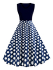 Vintage Kleider mit Polka-Tupfen 50er jahre mode Königsblau Polyester Rockabilly kleid ärmellos Kleider V-Ausschnitt für Sommer Damenmode