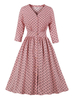 Vintage Kleider mit Polka-Tupfen 50er jahre mode Rosa Polyester Rockabilly kleid Langarm Kleider V-Ausschnitt