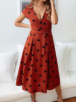 Vintage Kleider mit Polka-Tupfen 50er jahre mode Rot Polyester Rockabilly kleid Kurzarm Kleider V-Ausschnitt überdimensional Damenmode für Sommer