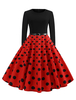 Vintage Kleider mit Polka-Tupfen 50er jahre mode Rot Polyester Rockabilly kleid Langarm Kleider und Rundkragen für Sommer und Frühling Damenmode