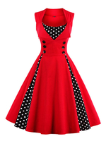 Vintage Kleider mit Polka-Tupfen 50er jahre mode Rot und Falten Rockabilly kleid gemischten Baumwollen Kleider ärmellos viereckiger Ausschnitt