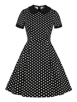 Vintage Kleider mit Polka-Tupfen 50er jahre mode Schwarz Polyester Rockabilly kleid Kurzarm Kleider und Bubikragen für Sommer Damenmode