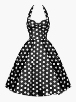 Vintage Kleider mit Polka-Tupfen 50er jahre mode Schwarz Polyester Rockabilly kleid ärmellos Kleider U-Halsausschnitt und rückenfreiem Design