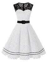 Vintage Kleider mit Polka-Tupfen 50er jahre mode Weiß Baumwolle Rockabilly kleid ärmellos Kleider und Rundkragen 96cm-120cm Damenmode