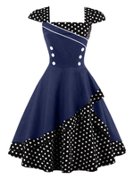 Vintage Kleider mit Polka-Tupfen Blau und Knöpfen gemischten Baumwollen ärmellos viereckiger Ausschnitt und unsymmetrischem Design
