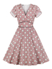 Vintage Kleider mit Polka-Tupfen Blushrosa und Falten Rockabilly kleid Polyester Kurzarm V-Ausschnitt knielang