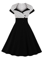 Vintage Kleider mit Polka-Tupfen Schwarz Polyester Rockabilly kleid Kurzarm Kleider und Königin Anne Kragen