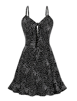 Vintage Kleider mit Polka-Tupfen Schwarz und Rüschen Rockabilly kleid Polyester ärmellos V-Ausschnitt knielang