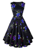 Vintage Kleider mit Print 50er jahre mode Blau und Gürtel Rockabilly kleid Viskose Kleider ärmellos und Rundkragen schmale Passform mittellang
