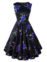 Vintage Kleider mit Print 50er jahre mode Blau und Gürtel Rockabilly kleid Viskose Kleider ärmellos und Rundkragen schmale Passform mittellang
