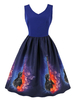Vintage Kleider mit Print 50er jahre mode Dunkelmarineblau Polyester Rockabilly kleid ärmellos Kleider V-Ausschnitt knielang Damenmode für Sommer