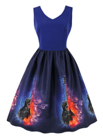 Vintage Kleider mit Print 50er jahre mode Dunkelmarineblau Polyester Rockabilly kleid ärmellos Kleider V-Ausschnitt knielang Damenmode für Sommer