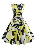 Vintage Kleider mit Print 50er jahre mode Gelb gemischten Baumwollen Rockabilly kleid ärmellos Kleider und Rundkragen für Sommer Damenmode