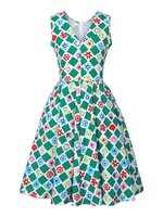 Vintage Kleider mit Print 50er jahre mode Grün Polyester Rockabilly kleid ärmellos Kleider V-Ausschnitt Alltagskleidung Damenmode für Sommer