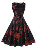 Vintage Kleider mit Print 50er jahre mode Schwarz und Gürtel Rockabilly kleid Polyester Kleider ärmellos und Rundkragen Damenmode schmale Passform