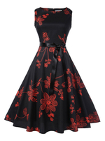 Vintage Kleider mit Print 50er jahre mode Schwarz und Gürtel Rockabilly kleid Polyester Kleider ärmellos und Rundkragen Damenmode schmale Passform