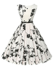 Vintage Kleider mit Print 50er jahre mode Weiß und Falten Rockabilly kleid Polyester Kleider ärmellos und Rundkragen Damenmode Blumen für Sommer