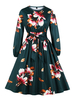 Vintage Kleider mit Printmuster 50er jahre mode Dunkelgrün Polyester Rockabilly kleid Langarm Kleider und Rundkragen