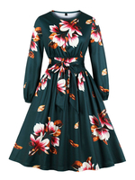 Vintage Kleider mit Printmuster 50er jahre mode Dunkelgrün Polyester Rockabilly kleid Langarm Kleider und Rundkragen