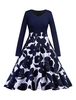 Vintage Kleider mit Printmuster 50er jahre mode Dunkelmarineblau gemischten Baumwollen Rockabilly kleid Langarm Kleider und Rundkragen für Herbst