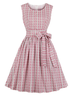 Vintage Kleider mit Printmuster 50er jahre mode Rosa und Falten Rockabilly kleid Polyester Kleider ärmellos und Rundkragen Damenmode für Sommer