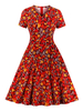 Vintage Kleider mit Printmuster 50er jahre mode Rot Polyester Rockabilly kleid Kurzarm Kleider V-Ausschnitt