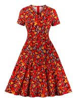 Vintage Kleider mit Printmuster 50er jahre mode Rot Polyester Rockabilly kleid Kurzarm Kleider V-Ausschnitt