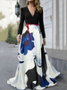 Vintage Kleider mit Printmuster 50er jahre mode Schwarz geknotet Rockabilly kleid Polyester Kleider Langarm V-Ausschnitt Damenmode überdimensional
