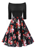 Vintage Kleider mit Printmuster 50er jahre mode Schwarz Polyester Rockabilly kleid 3/4 Ärmel Kleider und Carmenausschnitt knielang Damenmode