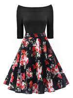 Vintage Kleider mit Printmuster 50er jahre mode Schwarz Polyester Rockabilly kleid 3/4 Ärmel Kleider und Carmenausschnitt knielang Damenmode