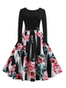 Vintage Kleider mit Printmuster 50er jahre mode Schwarz und Reißverschluss Rockabilly kleid Polyester Kleider Langarm und Rundkragen