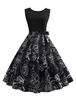 Vintage Kleider mit Printmuster 50er jahre mode Schwarz und Schleife Rockabilly kleid Polyester Kleider ärmellos und Rundkragen