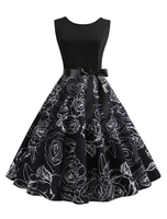 Vintage Kleider mit Printmuster 50er jahre mode Schwarz und Schleife Rockabilly kleid Polyester Kleider ärmellos und Rundkragen