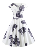 Vintage Kleider mit Printmuster 50er jahre mode Weiß Polyester Rockabilly kleid Kurzarm Kleider Herz-Ausschnitt und Falten Damenmode für Frühling