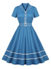 Vintage Kleider mit Printmuster Blau und Knöpfen Rockabilly kleid Polyester Kurzarm und Umlegekragen mittellang