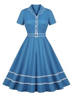 Vintage Kleider mit Printmuster Blau und Knöpfen Rockabilly kleid Polyester Kurzarm und Umlegekragen mittellang