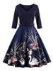 Vintage Kleider mit Printmuster Burgunderrot gemischten Baumwollen Rockabilly kleid 3/4 Ärmel V-Ausschnitt