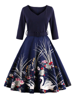 Vintage Kleider mit Printmuster Burgunderrot gemischten Baumwollen Rockabilly kleid 3/4 Ärmel V-Ausschnitt