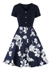 Vintage Kleider mit Printmuster Dunkelmarineblau Polyester Rockabilly kleid Kurzarm V-Ausschnitt knielang